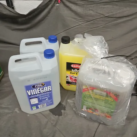 3 ASSORTED LARGE LIQUIDS TO INCLUDE PRIDE VINEGAR, MULTI-MITE LIQUID SEAWEED FERTILISER, CARPLAN ULTRA WASH & WAX, ETC - COLLECTION ONLY