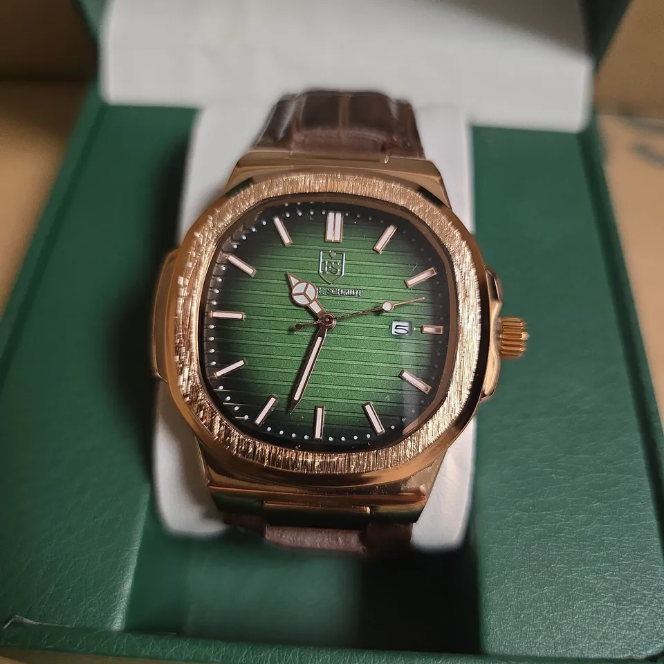 FRANK SCHMIDT WATCH WITH ROSE GOLD COLOUR FRAME GREEN DIAL & BROWN LEATHER STRAP