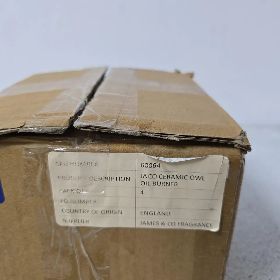 BOX OF APPROXIMATELY 4 X J&CO CERAMIC OWL OIL BURNER – WHITE GLAZE