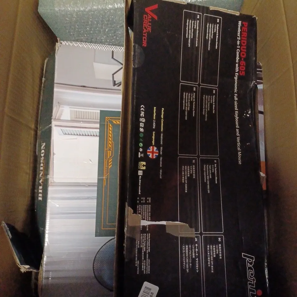 BOX OF APPROXIMATELY 15 ASSORTED HOUSEHOLD ITEMS TO CONTAIN BRANSON PEDESTAL FAN , PERIXX PERIDUO 605 WIRELESS KEYBOARD & MOUSE ETC 