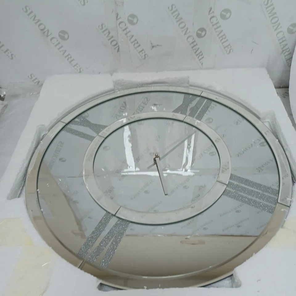 BOXED MIRRORED LARGE WALL CLOCK WITH GLITTERED NUMBERS DETAIL