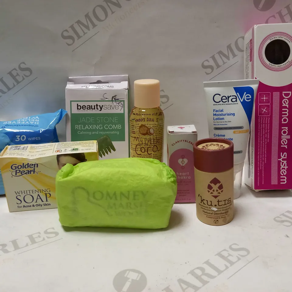 LOT OF APPROX 10 ASSORTED COSMETIC ITEMS TO INCLUDE JADE STONE COMB, DERMA ROLLER SYSTEM, NATURAL DEDORANT, ETC