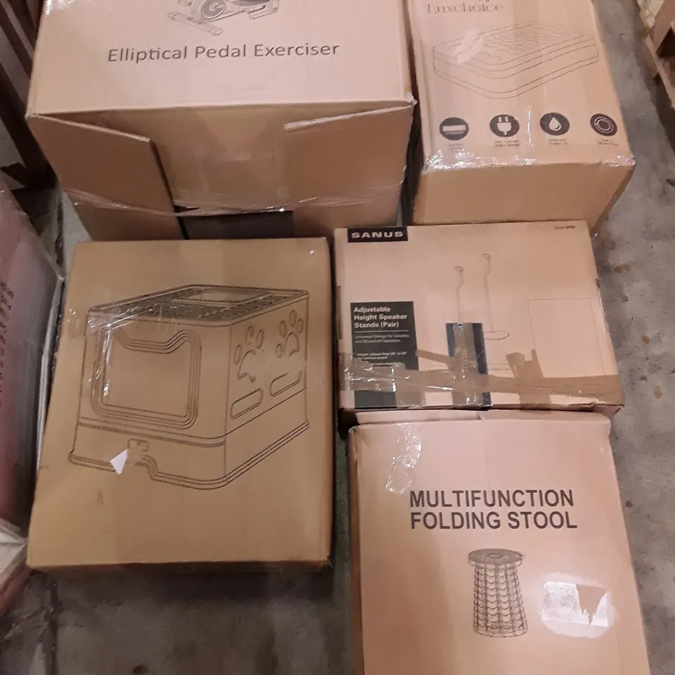 PALLET OF ASSORTED PRODUCTS INCLUDING ELLIPTICAL PEDAL EXERCISER, MULTIFUNCTION FOLDING STOOL, ADJUSTABLE HEIGHT SPEAKER STAND, CAT LITTER BOX, RAISED AIR BED