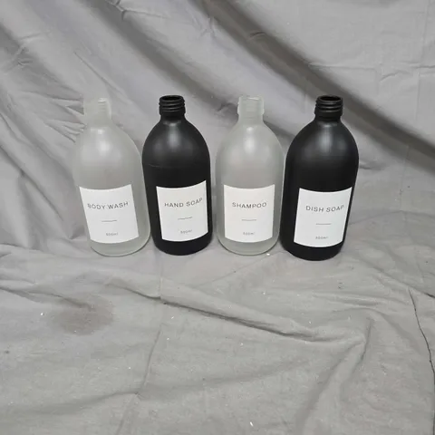 SET OF FOUR EMPTY 500ML CLEANSING BOTTLES: BODY WASH, HAND SOAP, SHAMPOO & DISH SOAP