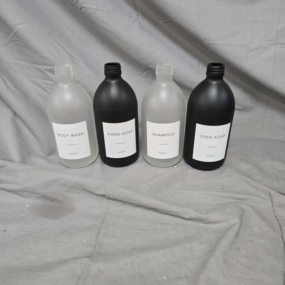 SET OF FOUR EMPTY 500ML CLEANSING BOTTLES: BODY WASH, HAND SOAP, SHAMPOO & DISH SOAP