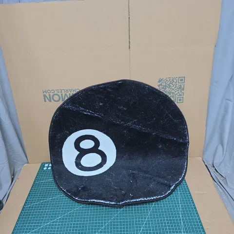 8-BALL STYLE DECORATIVE CUSHION - ROUND BLACK VELVET-LIKE FABRIC WITH WHITE '8' MOTIF