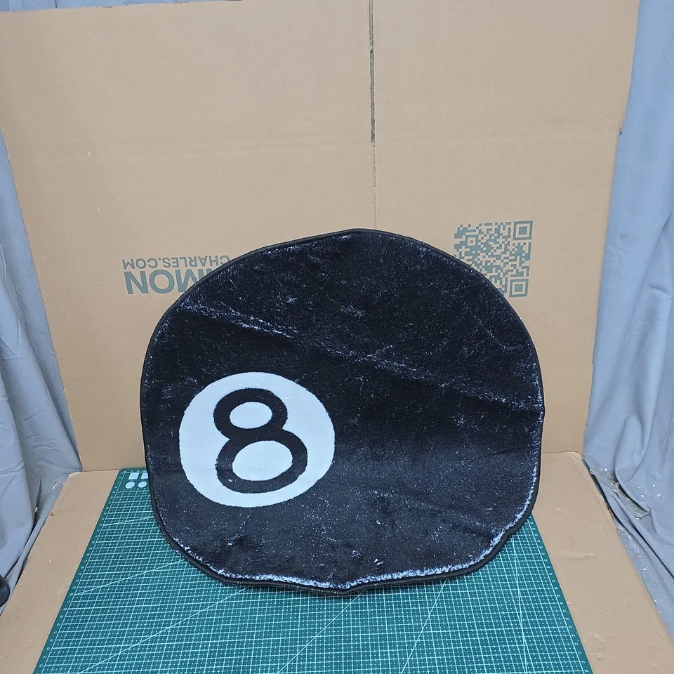 8-BALL STYLE DECORATIVE CUSHION - ROUND BLACK VELVET-LIKE FABRIC WITH WHITE '8' MOTIF