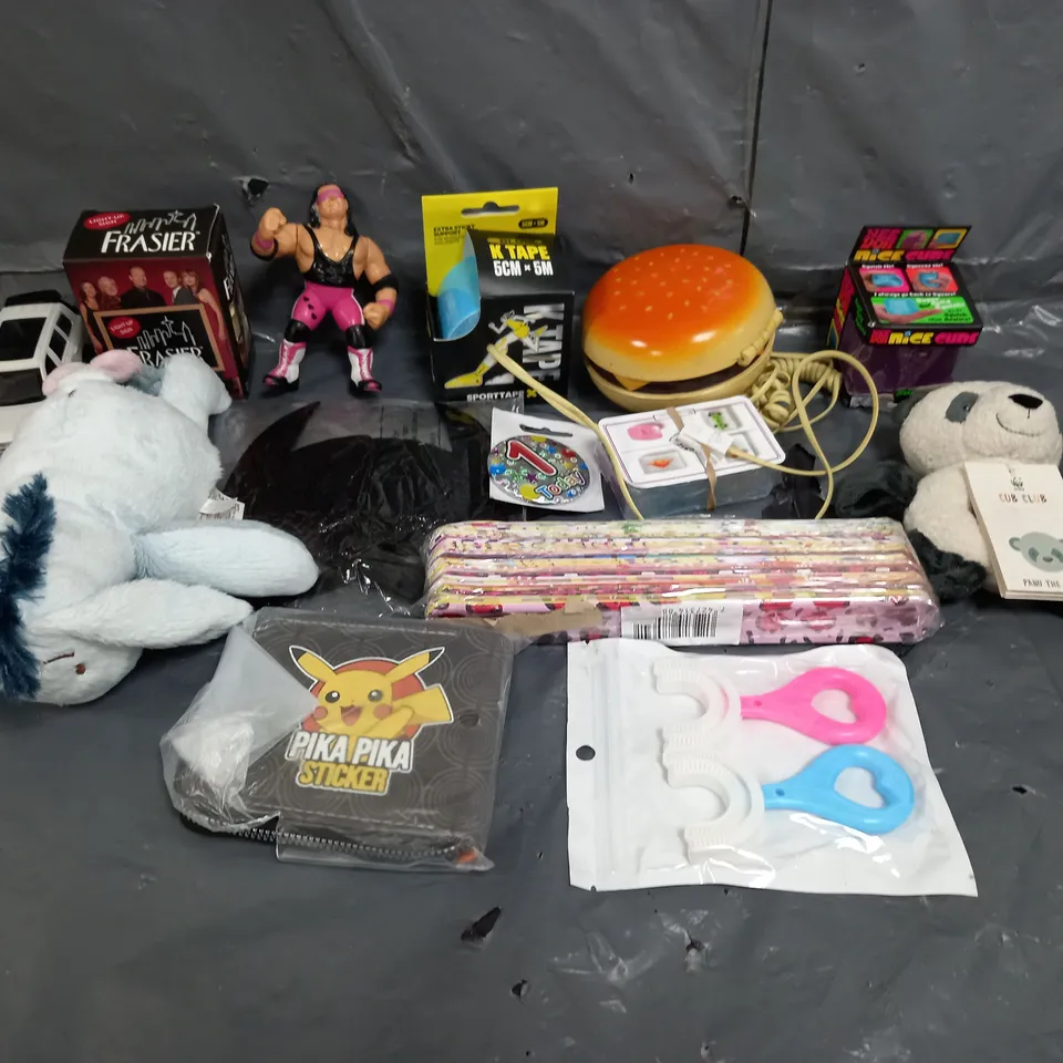 BOX OF ASSORTED TOYS AND GAMES TO INCLUDE TEDDIES, CARD GAMES AND WRESTLING FIGURE