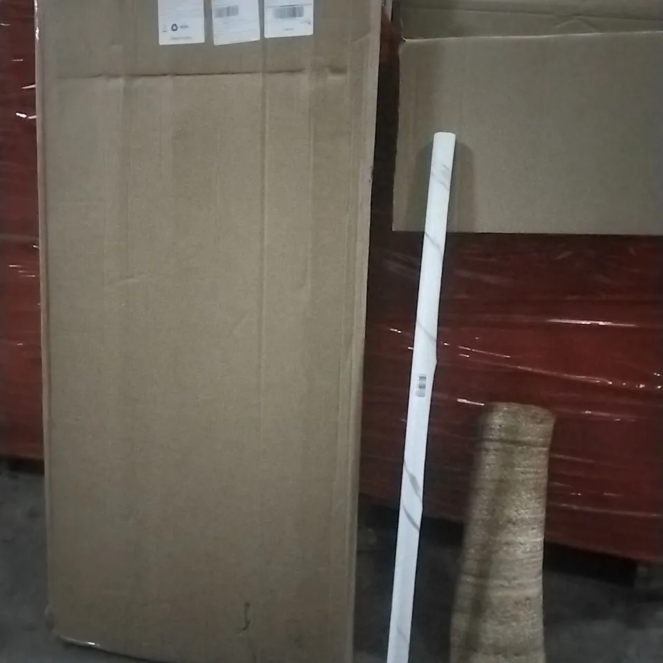 PALLET OF ASSORTED ITEMS INCLUDING- EXTRA TALL CAT GATE, RUG, WRAPPING PAPER