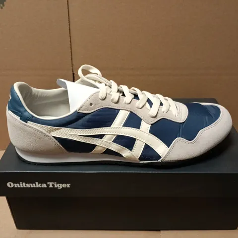 BOXED PAIR OF ONITSUKA SERRANO TRAINERS IN MAKO BLUE/CREAM - UK 10