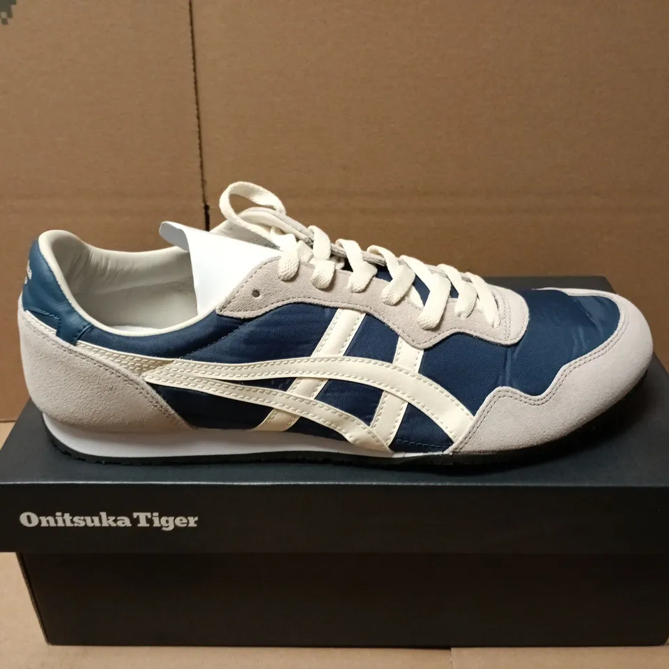 BOXED PAIR OF ONITSUKA SERRANO TRAINERS IN MAKO BLUE/CREAM - UK 10