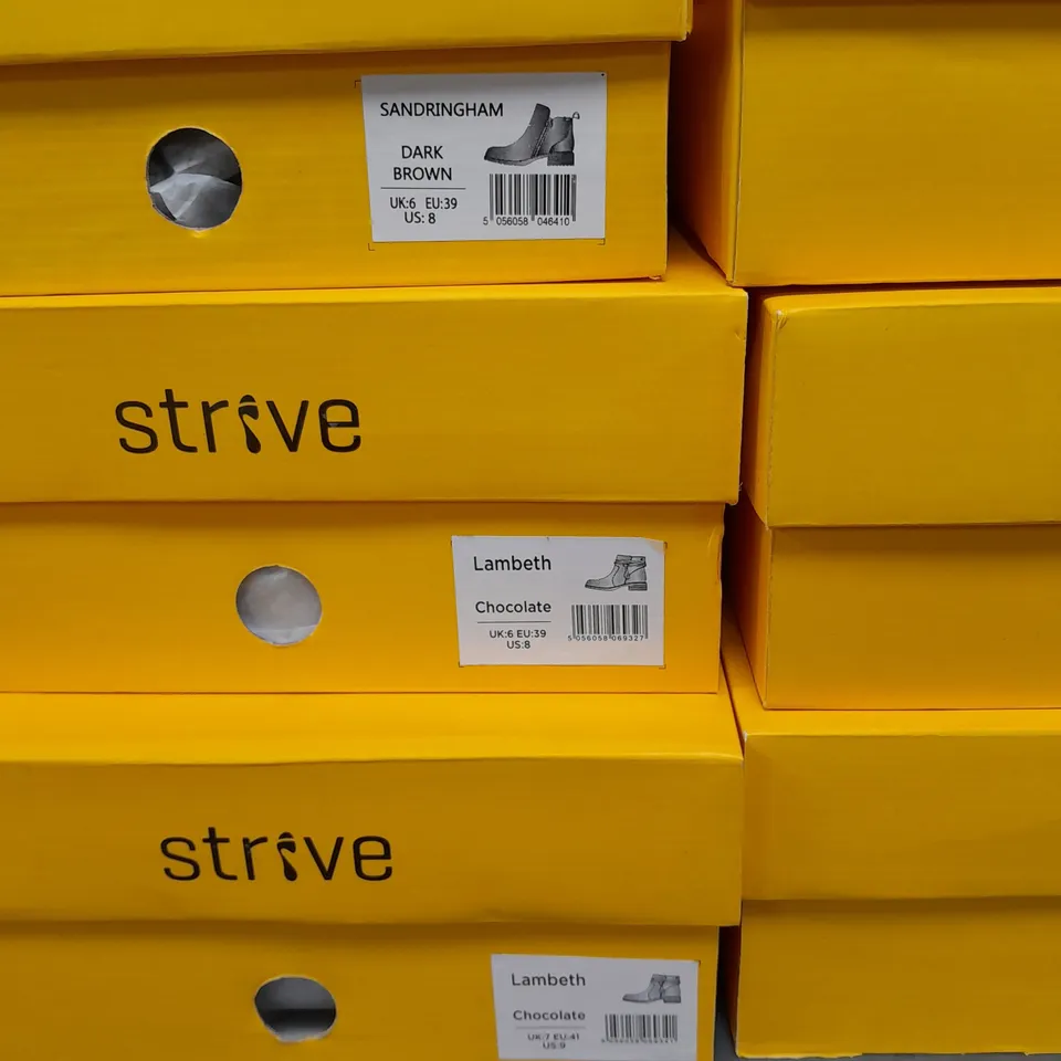 10 PAIRS OF BOXED STRIVE BOOTS IN VARIOUS SIZES AND COLOURS