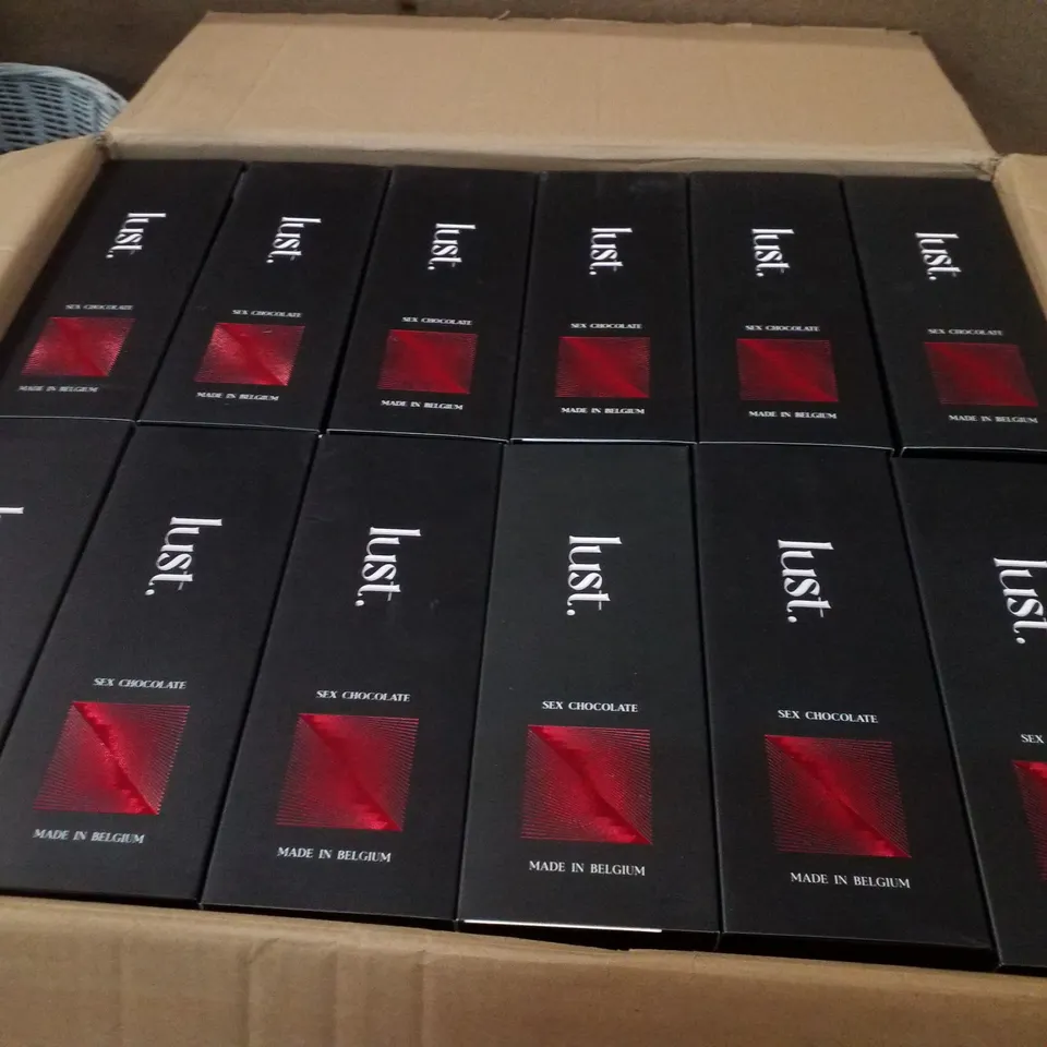 BOX CONTAINING APPROXIMATELY 180 PACKS OF LUST. SEX CHOCOLATE 