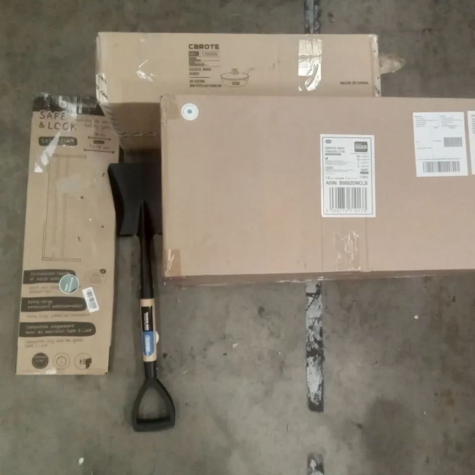 PALLET OF ASSORTED ITEMS INCLUDING CAROTE ESSENTIAL WOODY GRANITE, 2000 FACE MASKS, BADABULLE SAFETY GATE, DRAPER MINI SHOVEL