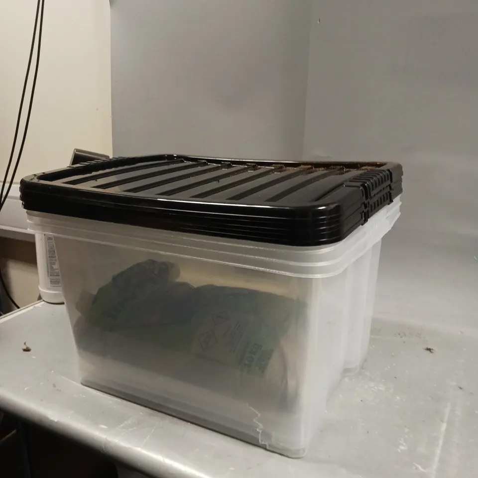 THREE CLEAR STORAGE CONTAINERS AND CEMENT MORTAR MIX