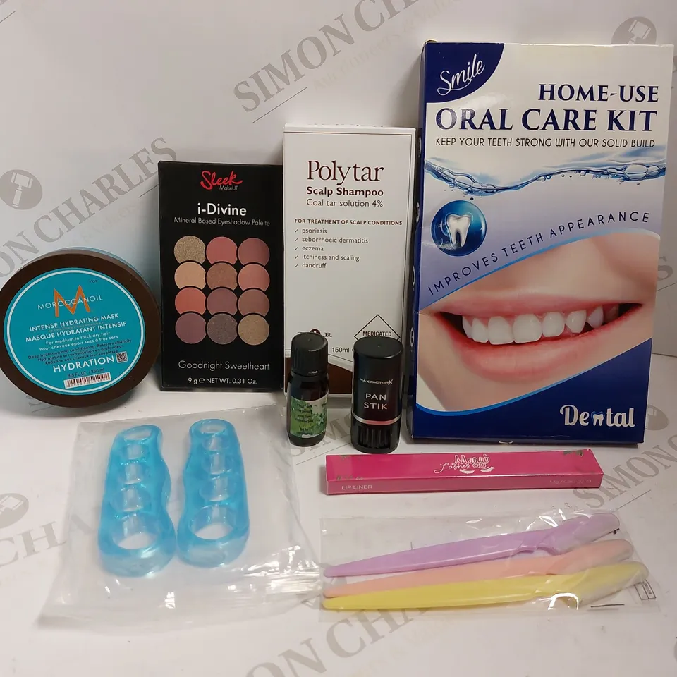 BOX OF APPROX 10 ITEMS TO MOROCCANOIL HYDRATING MASK, SLEEK I-DIVINE EYESHADOW PALETTE AND POLYTAR SCALP SHAMPOO