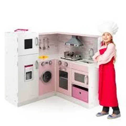 BOXED COSTWAY KIDS CORNER KITCHEN PLAYSET PRETEND WOODEN PLAY KITCHEN TOY W/ APRON CHEF HAT