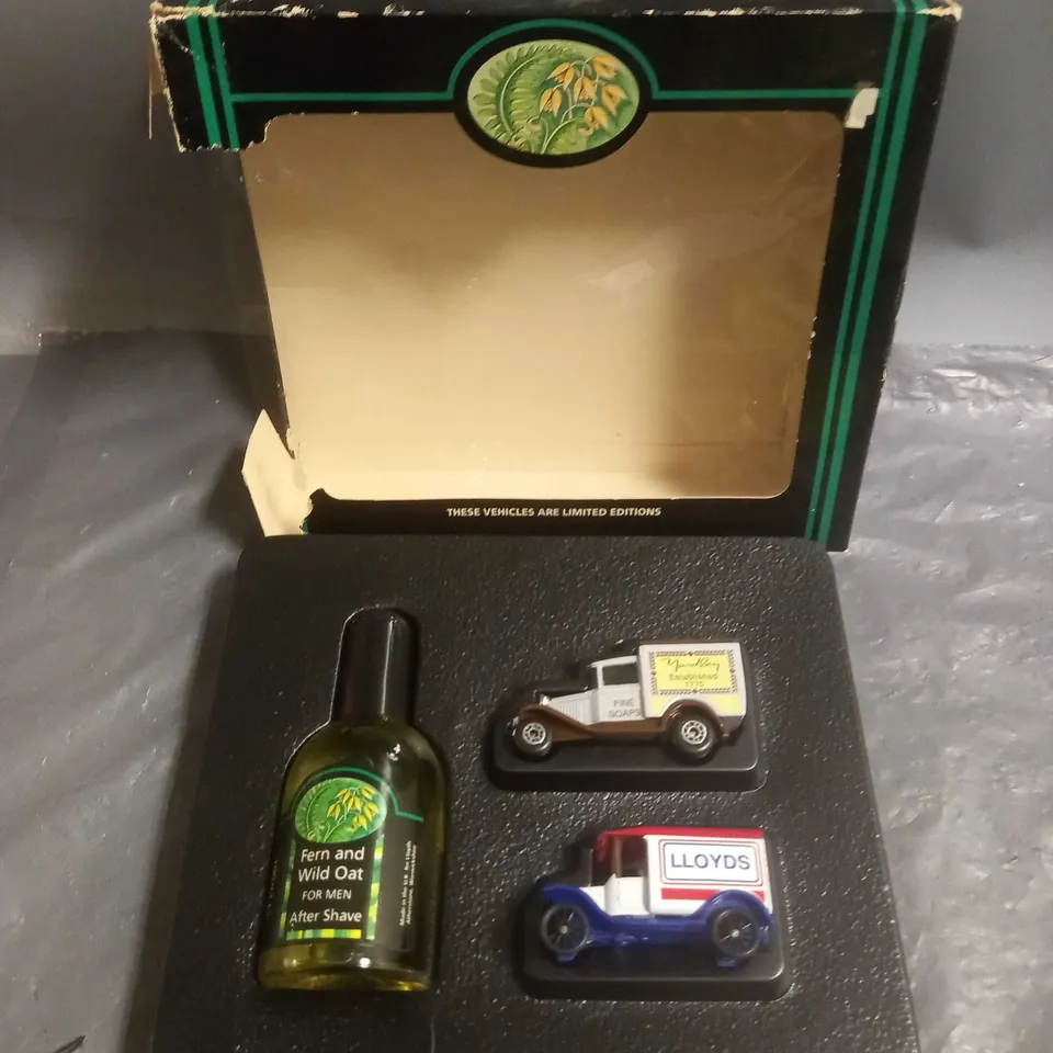 BOXED FERN AND WILD OAT FOR MEN AFTER SHAVE (100ML) AND X2 LIMITED EDITION LLOYDS TOY CARS 