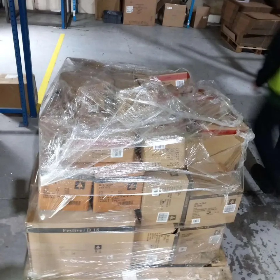 LARGE PALLET OF ASSORTED CHRISTMAS DECORATIONS TO INCLUDE; CRACKERS, MUGS, STRING LIGHTS AND 8 PIECE GNOME SETS