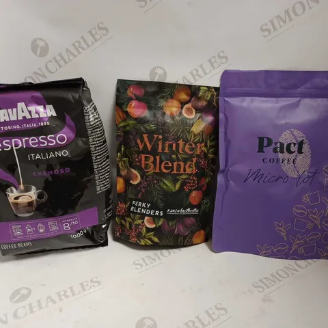 BOX OF APPROX 5 ITEMS TO INCLUDE PACT COFFEE BEANS, PERKY BLENDERS WINTER BLEND COFFEE, LAVAZZA ESPRESSO COFFEE