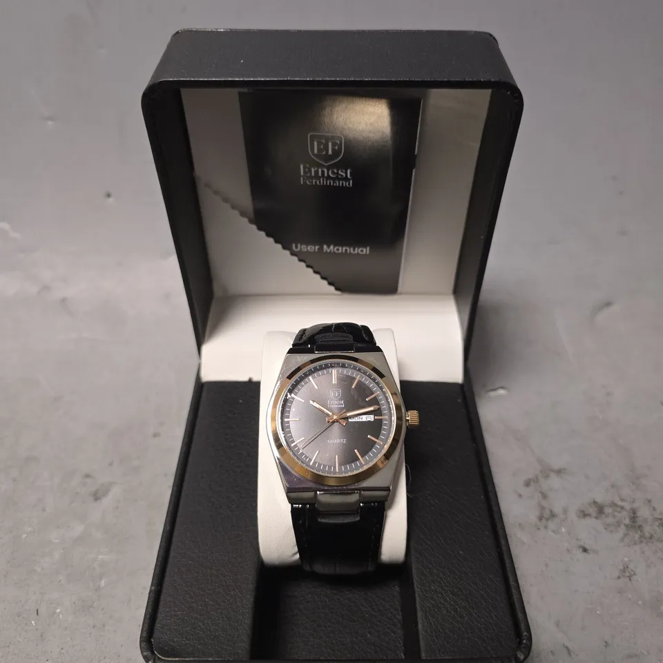 ERNEST FERDINAND WATCH – DAY DATE CALENDAR DIAL – LEATHER STRAP – 3ATM WATER RESISTANT - GIFT BOX