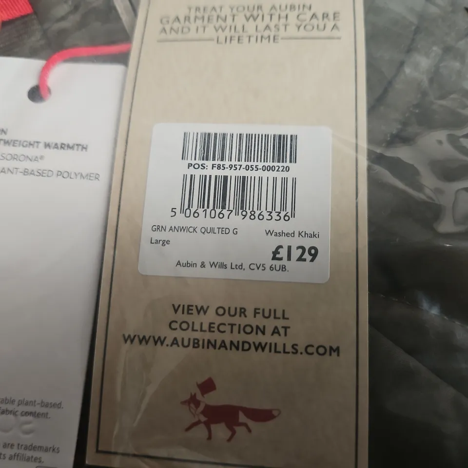 BAGGED AUBIN & WILLS QUILTED GILET – WASHED KHAKI, SIZE LARGE