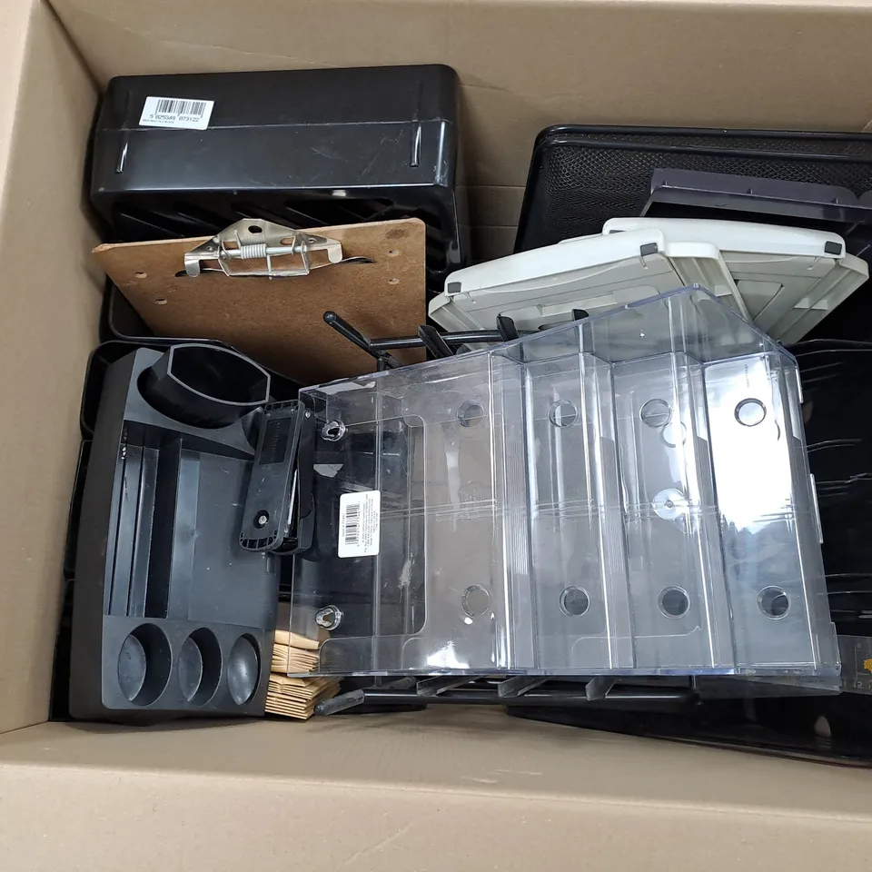 LARGE BOX OF ASSORTED OFFICE EQUIPMENT TOO INCLUDE STORAGE CONTAINERS AND CLIPBOARDS 