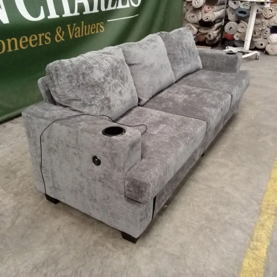HOMCOM 3 SEATER FABRIC SOFA WITH USB PORTS AND CUP HOLDERS - GREY