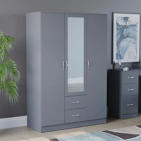 BOXED RIANO 3 DOOR 2 DRAWER MIRRORED WARDROBE - GREY (3 BOXES)