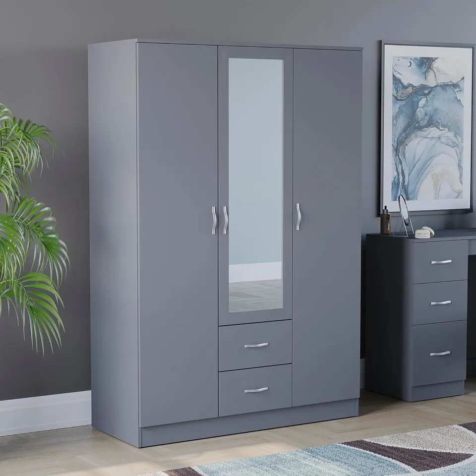 BOXED RIANO 3 DOOR 2 DRAWER MIRRORED WARDROBE - GREY (3 BOXES)