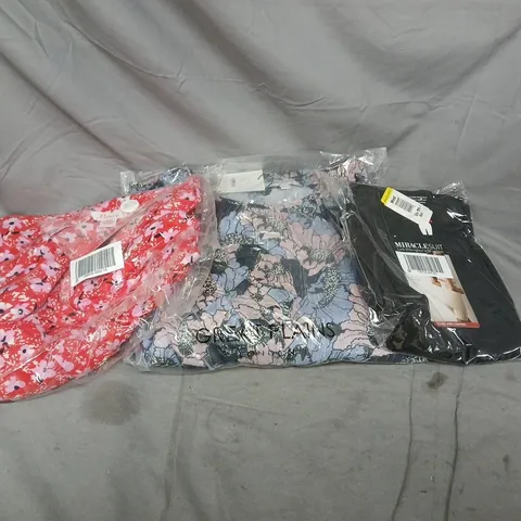 BOX OF APPROXIMATELY 30 ASSORTED CLOTHING ITEMS INCLUDING MIRACLESUIT SHAPING SIZE MEDIUM, FINERY RED DRESS SIZE 10 AND GREAT PLAINS MULTI COLOUR DRESS SIZE 10