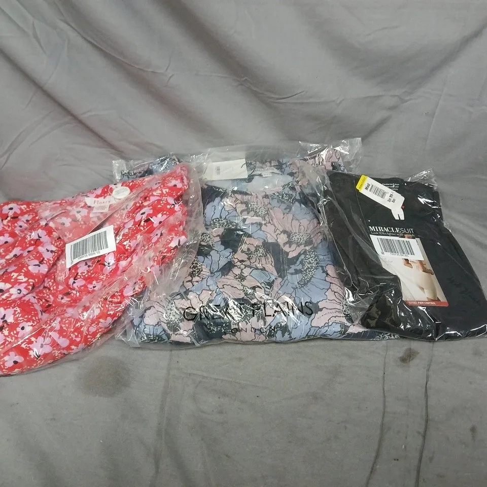 BOX OF APPROXIMATELY 30 ASSORTED CLOTHING ITEMS INCLUDING MIRACLESUIT SHAPING SIZE MEDIUM, FINERY RED DRESS SIZE 10 AND GREAT PLAINS MULTI COLOUR DRESS SIZE 10