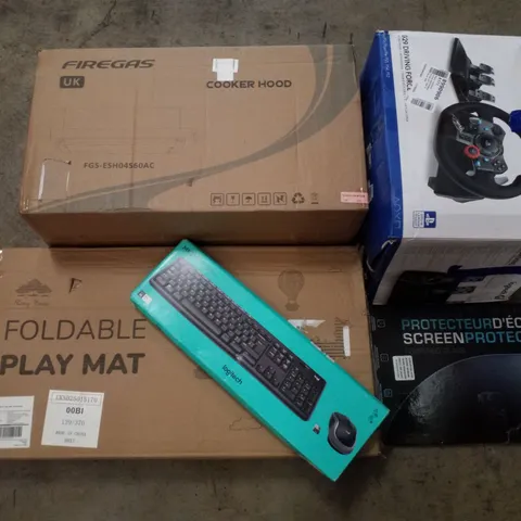 PALLET CONTAINING ASSORTED PRODUCTS INCLUDING COOKER HOOD, LOGITECH PLAYSTATION G29 DRIVING FORCE, SCREEN PROTECTOR, FOLDABLE PLAY MAT & LOGITECH KEYBOARD AND MOUSE