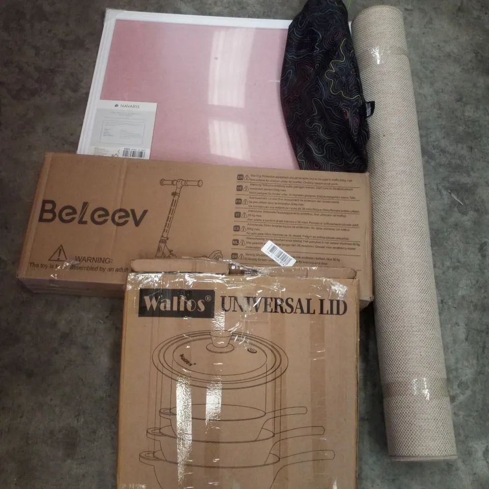 PALLET CONTAINING ASSORTED PRODUCTS INCLUDING KIDS SCOOTER, RUG, UNIVERSAL POT LID, REAR MUDGUARD & BULLETIN BOARD PICTURE FRAME