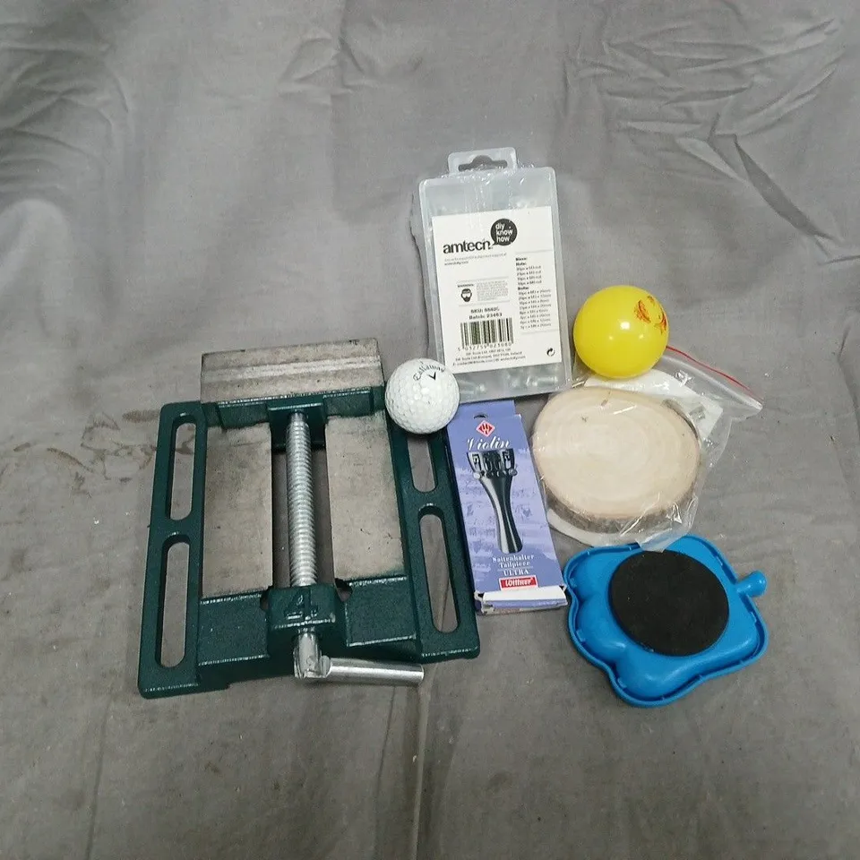 APPROXIMATELY 12 ASSORTED HOUSEHOLD ITEMS TO INCLUDE CALLAWAY GOLF BALL, WILLNER VIOLIN TAILPIECE, NUT & BOLT ASSORTMENT, ETC