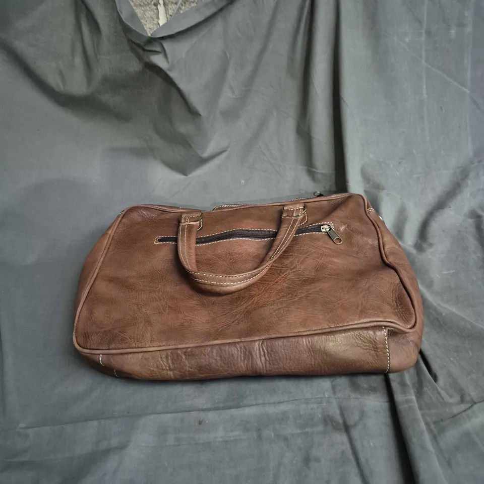 BROWN LEATHER SATCHEL BAG WITH TWIN TOP HANDLES AND BRASS BUCKLES
