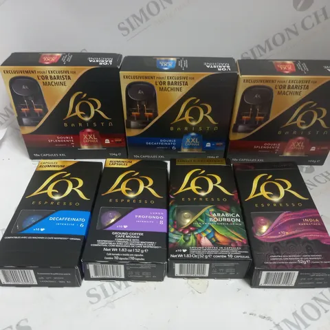APPROXIMATELY 15 ASSORTED L'OR COFFEE CAPSULE PRODUCTS TO INCLUDE ARABICA BOURBON, DECAF, DOUBLE SPLENDENTE ETC