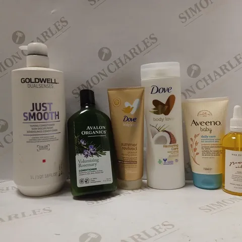 BOX OF APPROX 20 ASSORTED HEALTH AND BEAUTY ITEMS TO INCLUDE - DOVE RESTORING CARE - AVALON ORGANICS ROSEMARY CONDITION - AVEENO BABY DAILY CARE ECT