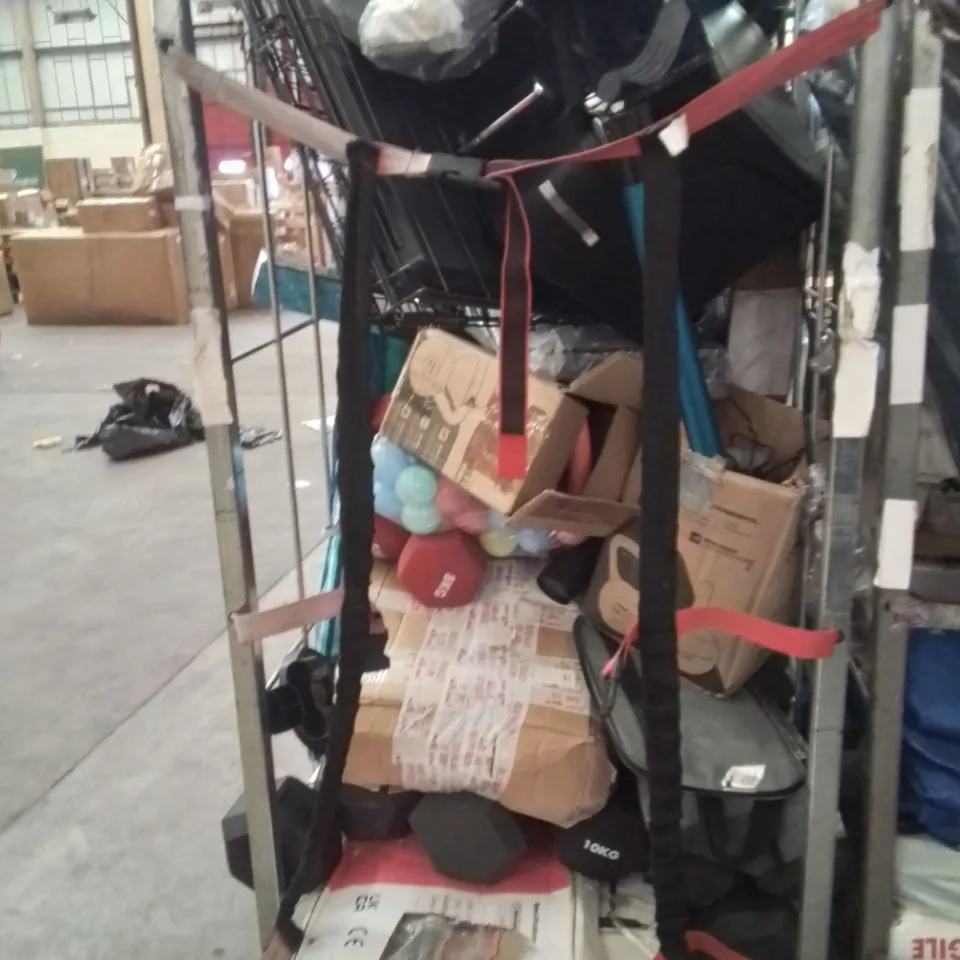 CAGE OF ASSORTED HOUSEHOLD GOODS AND PRODUCTS TO INCLUDE;AIR FRYER,COOLING BOX,GYMNASTICS BAR,DOG CAGE