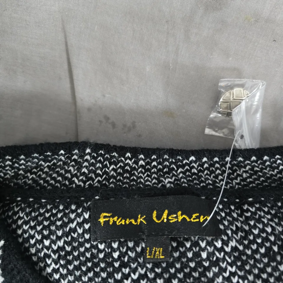 UK L/XL FRANK USHER KNIT CARDIGAN – BLACK & WHITE DIAMOND PATTERN