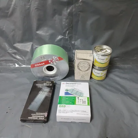 BOX OF APPROXIMATELY 15 ASSORTED HOUSEHOLD ITEMS TO INCLUDE AIR FUMIGATORS, DECORATIVE RIBBON AND AN INTERCHANGEABLE TOOL SET
