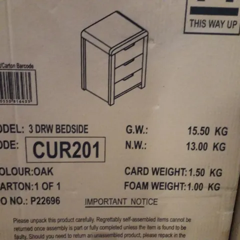BOXED 3 DRAWER BEDSIDE TABLE - OAK