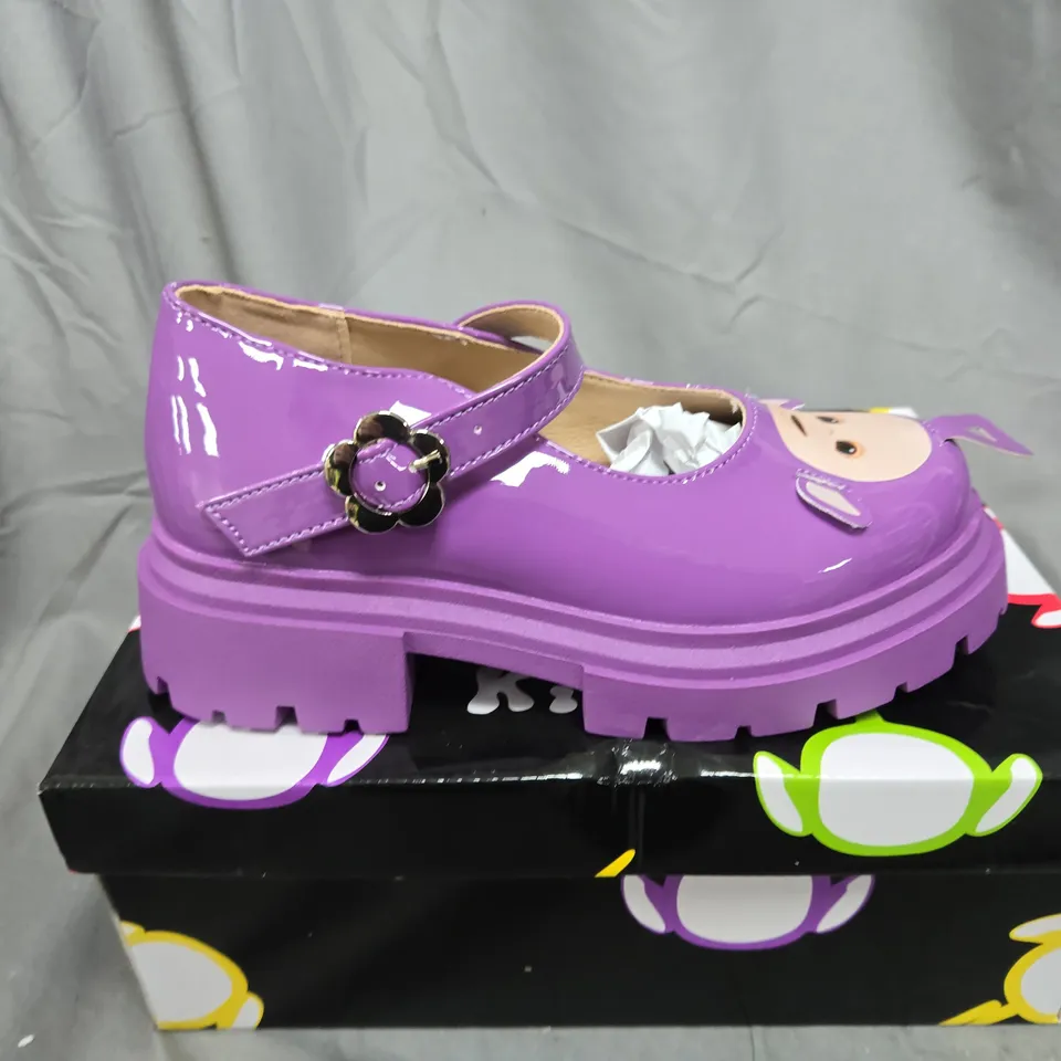 BOXED PAIR OF KOI TINKY WINKY TELETUBBIES KIDZ MARY JANES IN PURPLE - SIZE UK13K