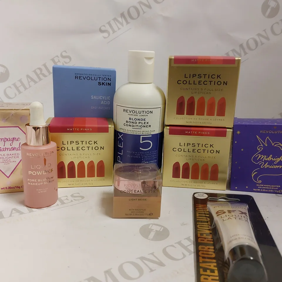 APPROX 10 REVOLUTION ITEMS TO INCLUDE LIPSTICK COLLECTION, ULIMATE COVERAGE CONCEALER, SALICYLIC ACID 