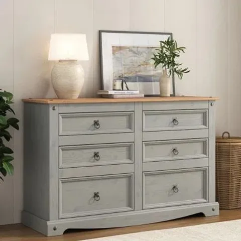 BOXED LOCKHAVEN 6 DRAWER 132cm W SOLID WOOD CHEST OF DRAWERS - DISTRESSED GREY PINE (2 BOXES)