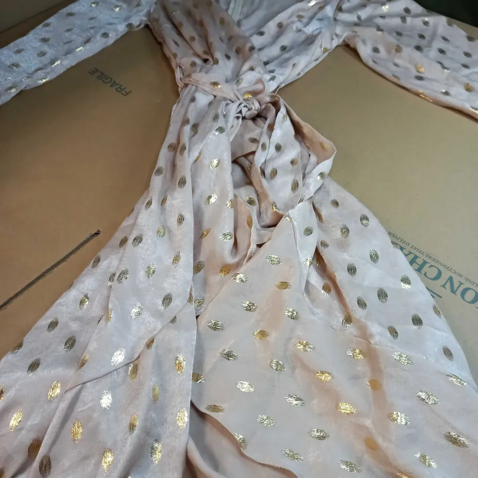 AX PARIS CHAMPAGNE GOLD PLUNGE RUFFLE WRAP AROUND DRESS - SIZE 8