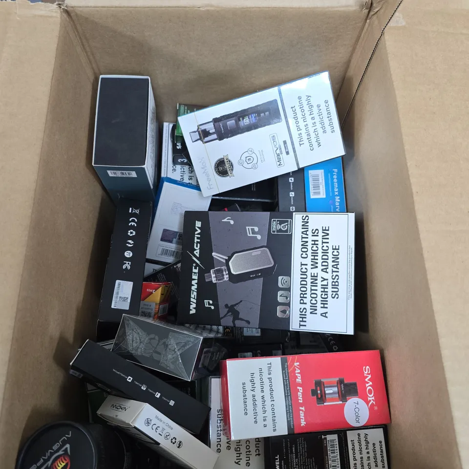 BOX OF APPROXIMATELY 30 ASSORTED E-CIGARETTES AND ACCOMPANIMENTS TO INCLUDE: VARIOUS ASPIRE PRODUCTS 