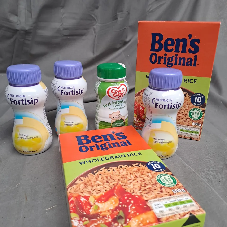 BOX OF APPROXIMATELY 10 ITEMS TO INCLUDE BENS ORIGINAL RICE, FORTSIP, INFANT MILK ETC