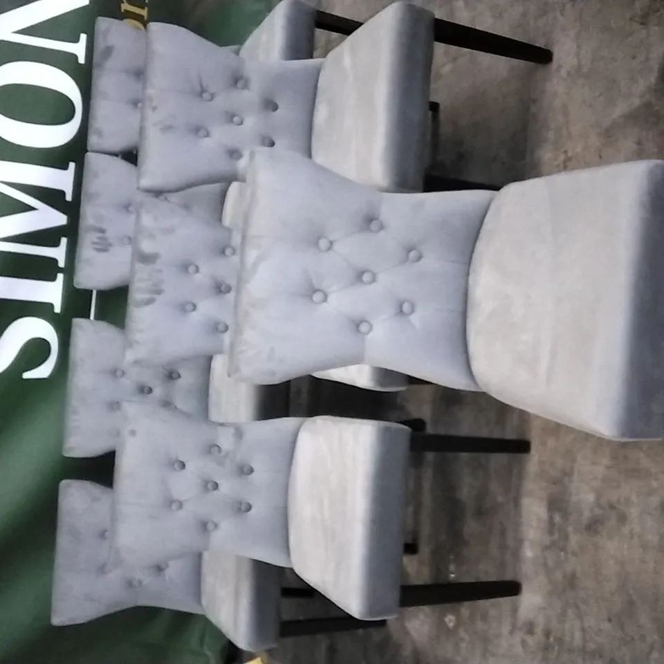 8 LIGHT GREY PLUSH VELVET BUTTONBACK DINING CHAIRS WITH KNOCKER BACKS AND WOODEN LEGS