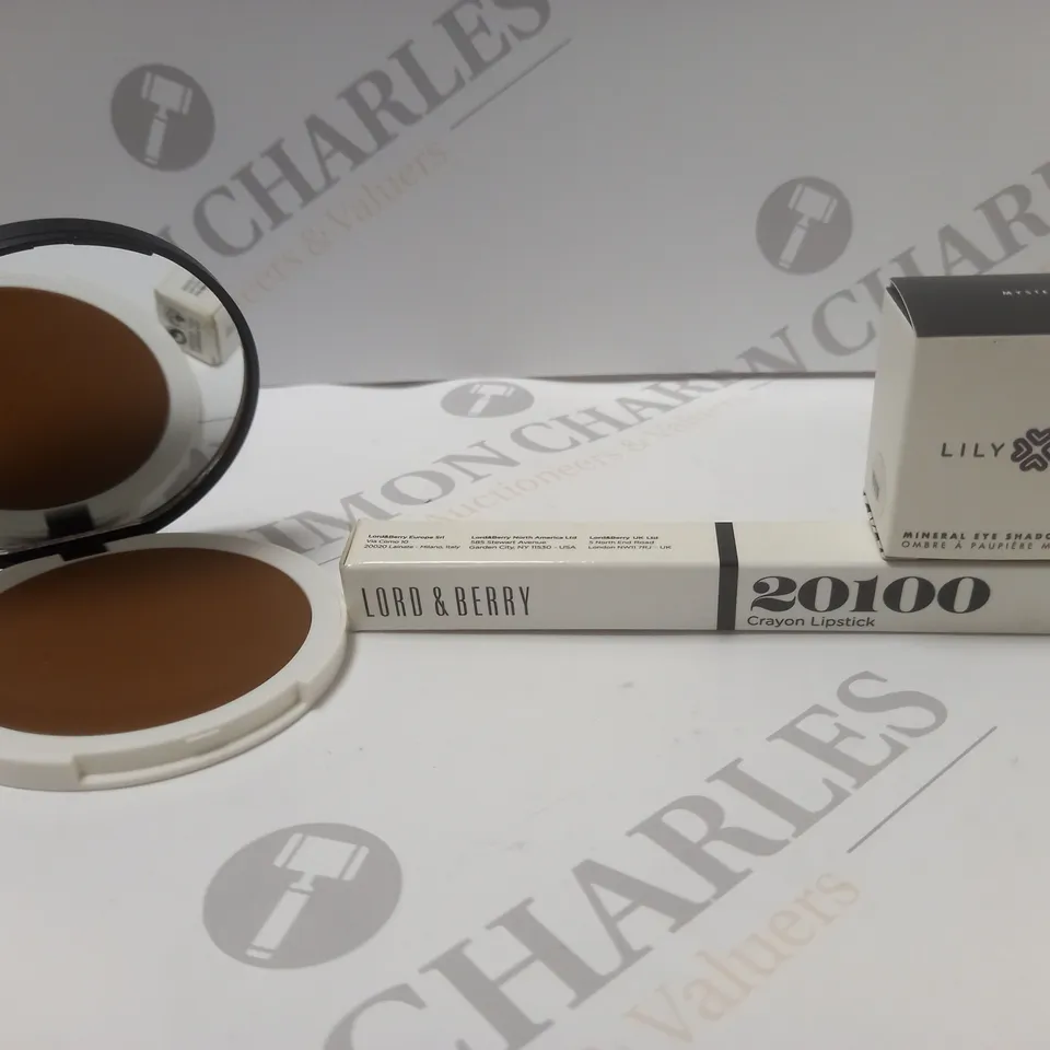 BOX OF APPROX 8 ASSORTED MAKE-UP PRODUCTS TO INCLUDE CREAM FOUNDATION #VELVET, MINERAL EYE SHADOW #MYSTERY, CRAYON LIPSTICK #